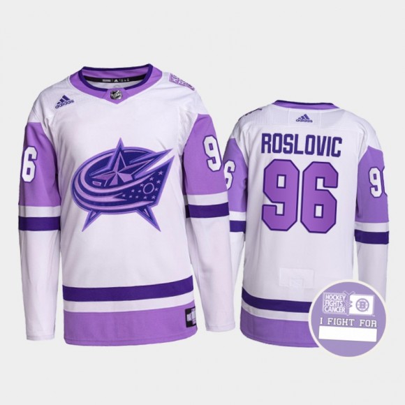 Jack Roslovic Columbus Blue Jackets Hockey Fights Cancer Jersey Purple White #96 Authentic Pro