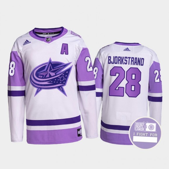 Oliver Bjorkstrand Columbus Blue Jackets Hockey Fights Cancer Jersey Purple White #28 Authentic Pro