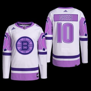Boston Bruins 2022 Hockey Fights Cancer Jersey A.J. Greer White Purple #10 Primegreen Uniform