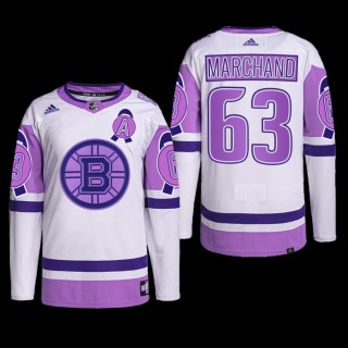 Boston Bruins 2022 Hockey Fights Cancer Jersey Brad Marchand White Purple #63 Primegreen Uniform