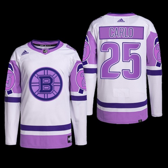Boston Bruins 2022 Hockey Fights Cancer Jersey Brandon Carlo White Purple #25 Primegreen Uniform