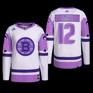 Boston Bruins 2022 Hockey Fights Cancer Jersey Craig Smith White Purple #12 Primegreen Uniform