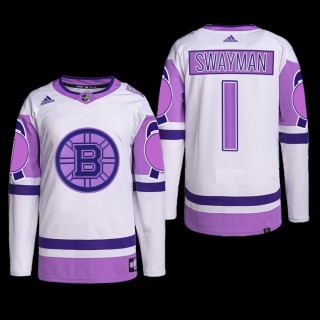 Boston Bruins 2022 Hockey Fights Cancer Jersey Jeremy Swayman White Purple #1 Primegreen Uniform