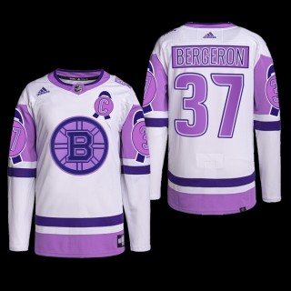 Boston Bruins 2022 Hockey Fights Cancer Jersey Patrice Bergeron White Purple #37 Primegreen Uniform