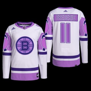 Boston Bruins 2022 Hockey Fights Cancer Jersey Trent Frederic White Purple #11 Primegreen Uniform