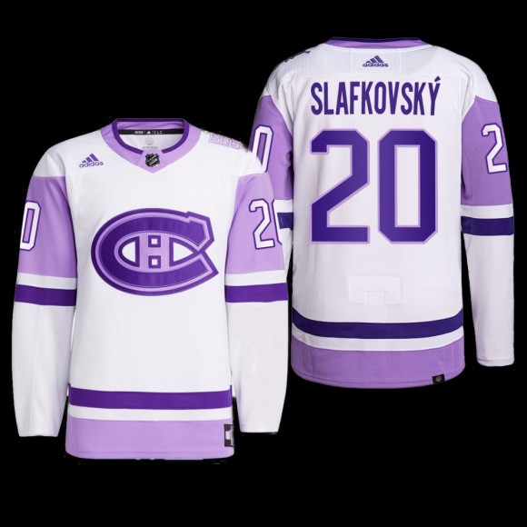 Montreal Canadiens Juraj Slafkovsky #20 Hockey Fights Cancer Jersey White Purple 2022 NHL Draft