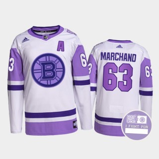 Brad Marchand #63 Boston Bruins Hockey Fights Cancer White Purple Primegreen Authentic Jersey