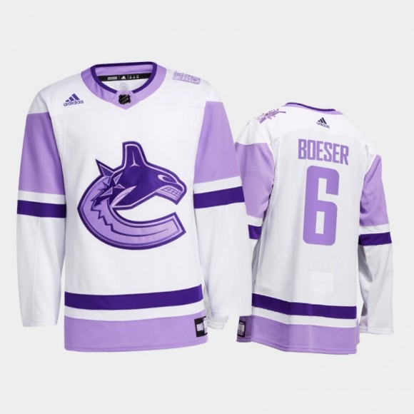 Brock Boeser #6 Vancouver Canucks 2021 Hockey Fights Cancer White Special warm-up Jersey