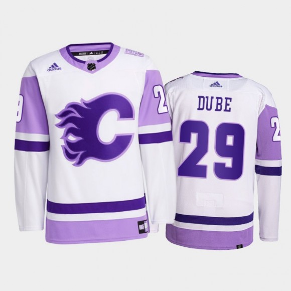 Dillon Dube #29 Calgary Flames 2021 HockeyFightsCancer White Primegreen Jersey