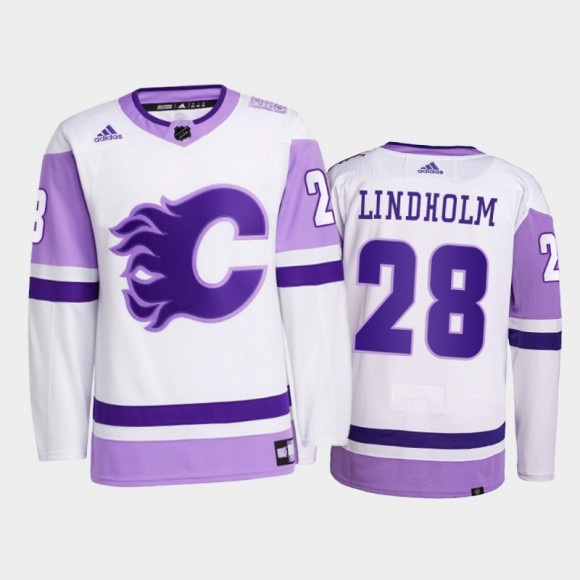 Elias Lindholm #28 Calgary Flames 2021 Hockey Fights Cancer White Primegreen Jersey
