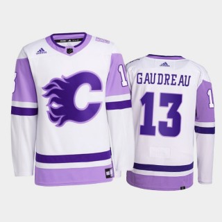 Johnny Gaudreau #13 Calgary Flames 2021 Hockey Fights Cancer White Primegreen Jersey