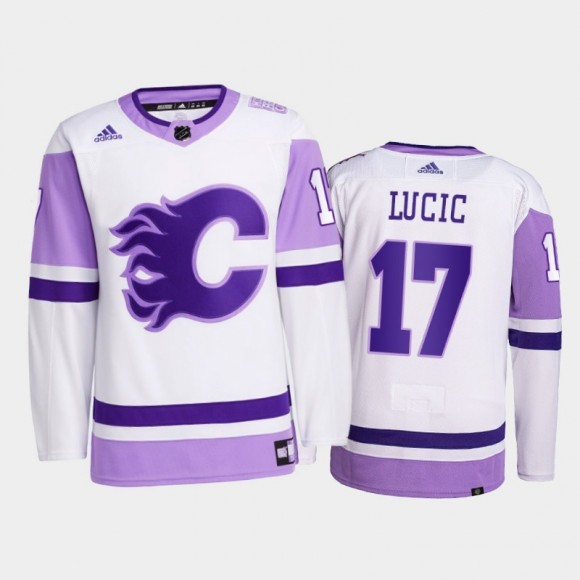 Milan Lucic #17 Calgary Flames 2021 HockeyFightsCancer White Primegreen Jersey