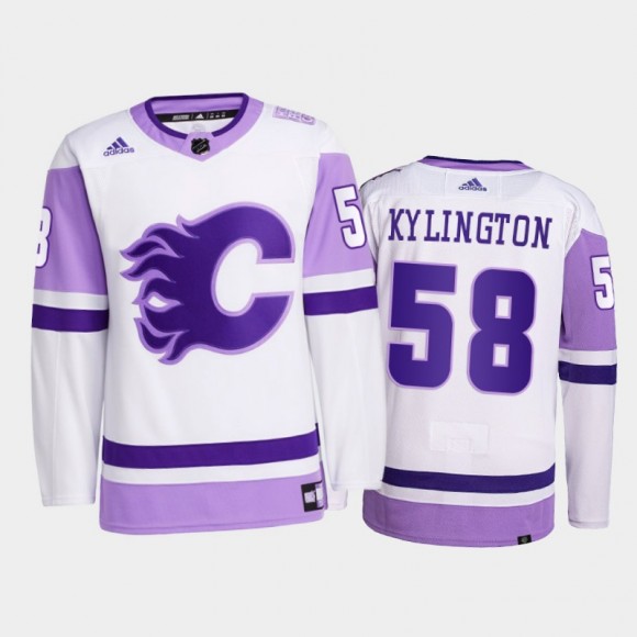 Oliver Kylington #58 Calgary Flames 2021 HockeyFightsCancer White Primegreen Jersey
