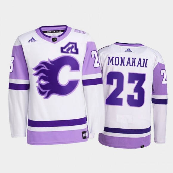 Sean Monahan #23 Calgary Flames 2021 Hockey Fights Cancer White Primegreen Jersey