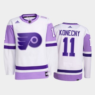 Travis Konecny #11 Philadelphia Flyers 2021 Hockey Fights Cancer White Primegreen Jersey