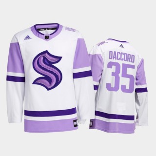 Joey Daccord #35 Seattle Kraken 2021 Hockey Fights Cancer White Special Jersey