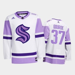 Yanni Gourde #37 Seattle Kraken 2021 Hockey Fights Cancer White Special Jersey