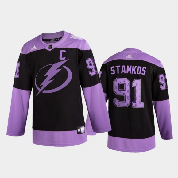 Men Steven Stamkos #91 Tampa Bay Lightning 2020 Hockey Fights Cancer Black Purple Ribbons Jersey