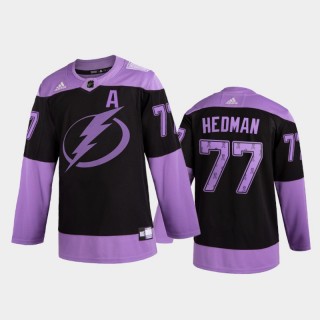 Men Victor Hedman #77 Tampa Bay Lightning 2020 Hockey Fights Cancer Black Purple Ribbons Jersey
