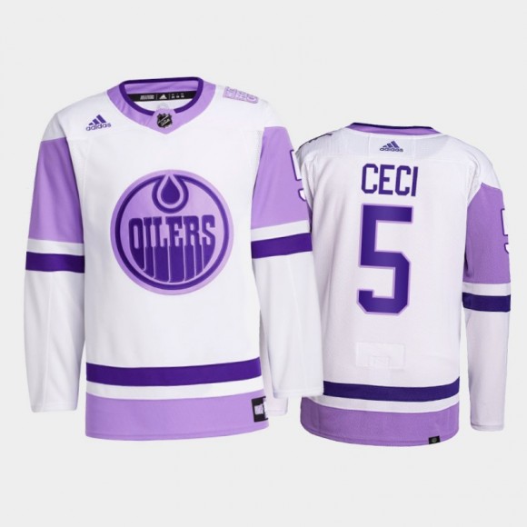Cody Ceci #5 Edmonton Oilers 2021 Hockey Fights Cancer White Primegreen Jersey