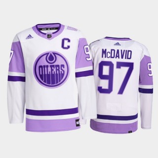 Connor McDavid #97 Edmonton Oilers 2021 Hockey Fights Cancer White Primegreen Jersey