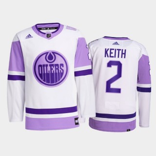 Duncan Keith #2 Edmonton Oilers 2021 Hockey Fights Cancer White Primegreen Jersey