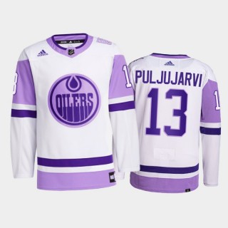 Jesse Puljujarvi #13 Edmonton Oilers 2021 HockeyFightsCancer White Primegreen Jersey