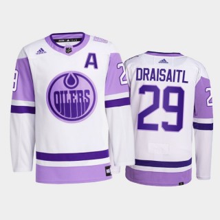 Leon Draisaitl #29 Edmonton Oilers 2021 Hockey Fights Cancer White Primegreen Jersey