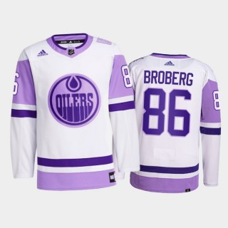 Philip Broberg #86 Edmonton Oilers 2021 Hockey Fights Cancer White Primegreen Jersey