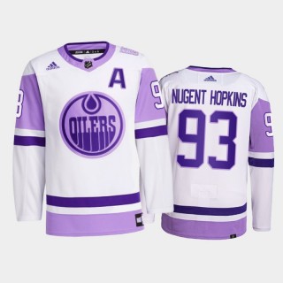 Ryan Nugent-Hopkins #93 Edmonton Oilers 2021 HockeyFightsCancer White Primegreen Jersey