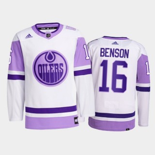 Tyler Benson #16 Edmonton Oilers 2021 Hockey Fights Cancer White Primegreen Jersey