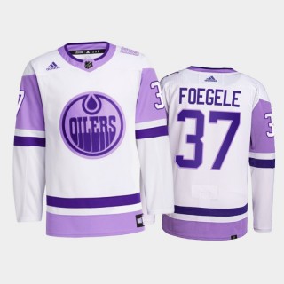 Warren Foegele #37 Edmonton Oilers 2021 Hockey Fights Cancer White Primegreen Jersey