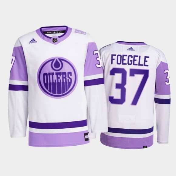 Warren Foegele #37 Edmonton Oilers 2021 Hockey Fights Cancer White Primegreen Jersey