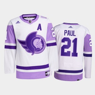 Nick Paul #21 Ottawa Senators 2021 Hockey Fights Cancer White Primegreen Jersey