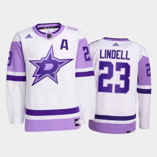 Dallas Stars 2021 Hockey Fights Cancer Esa Lindell White #23 Primegreen Jersey