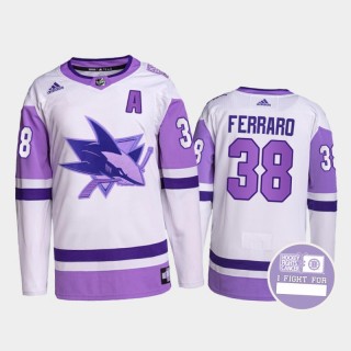 San Jose Sharks Mario Ferraro #38 Hockey Fights Cancer Jersey White Purple Primegreen